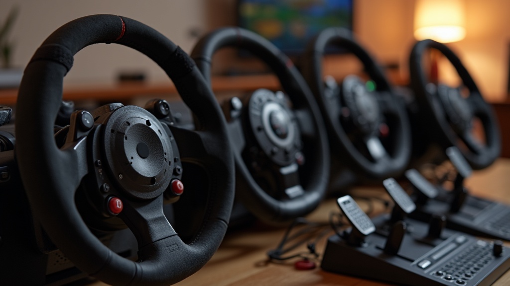 A close-up view of several sim racing wheels with detailed dials, sturdy bases, and realistic grip textures, arranged on a table next to pedal sets in a cozy gaming room.